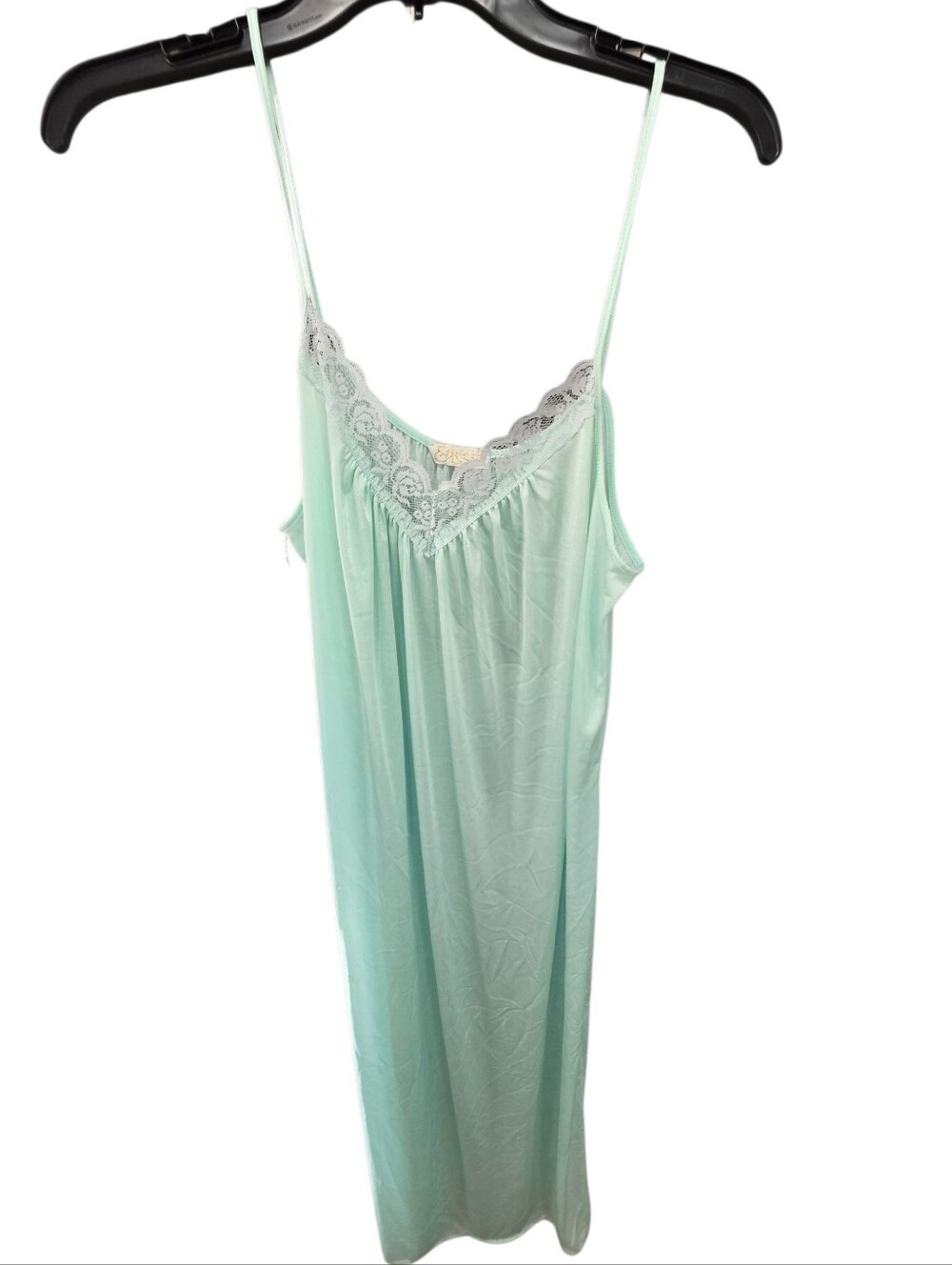 Vintage Women's Lace-Trim Slip Nightgown - Mint Nylon Size M Full Length